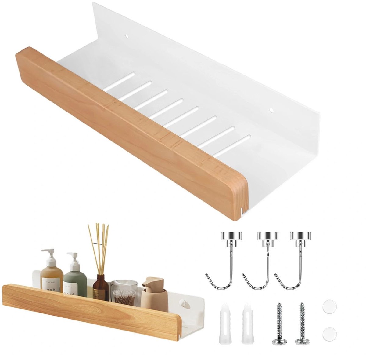 Dailygoods- Doucheplank 30 cm - Douchegelhouder - Wandplank Wit - Magnetische Haken - Slagvast - Hoogwaardige Koolstofstaal