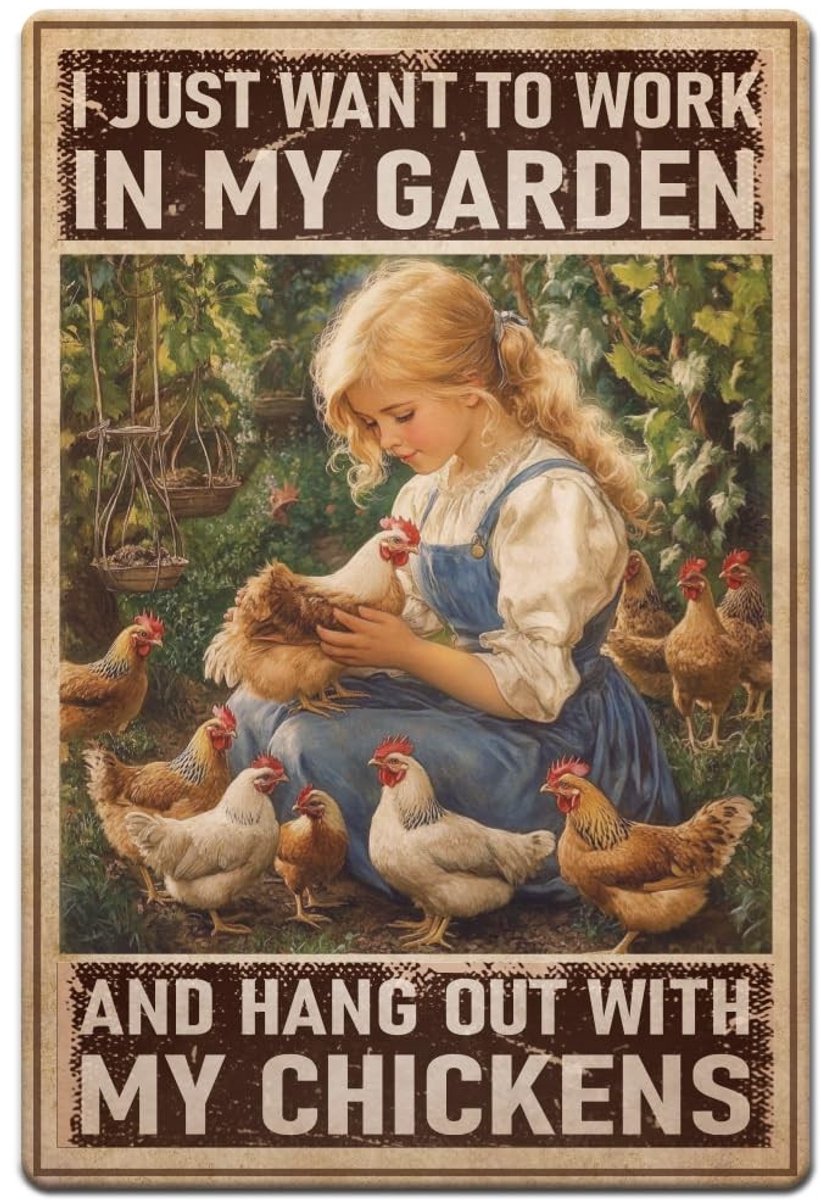 Dailygoods- Tinnen Bord Vintage - Retro Meisje/Kip - 20 x 30 cm - Decoratie Bord - Boerderij Plaquette - Muur Decor - Decoratiebord