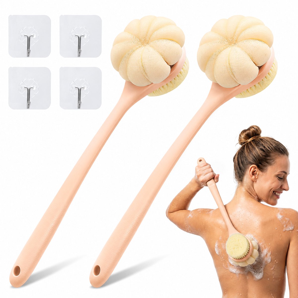 Rugkrabber - Rugborstel - Badborstel rugborstel lange steel - Een dubbelzijdige badborstel voorzien van zowel een loofah - pad als borstelharen - Ontworpen voor exfoliatie en het bereiken van moeilijk toegankelijke plekken op de rug