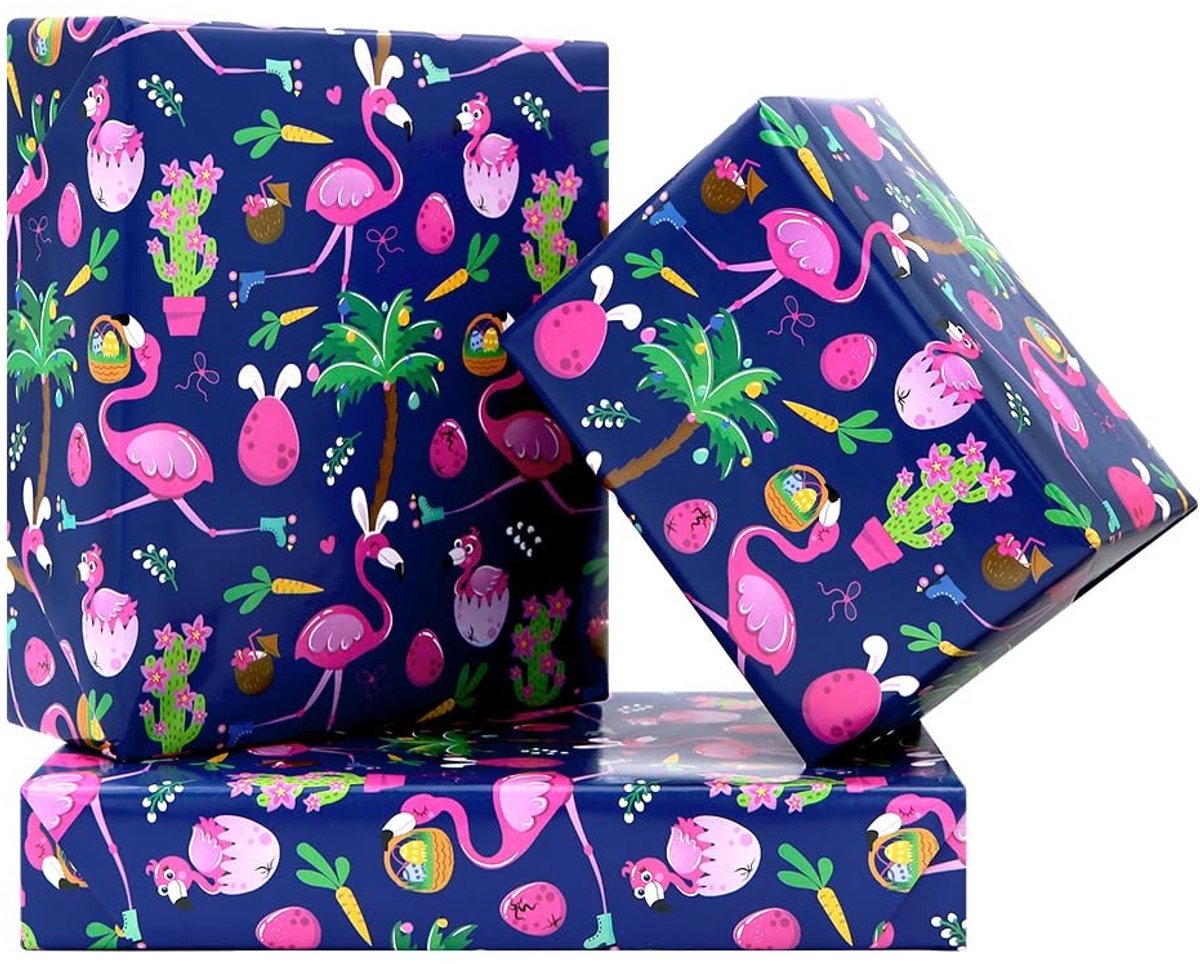 Dailygoods- Inpakpapier Flamingo Design - Cadeaupapier Pasen - Wikkelpapier Hawaii Thema - 4 Vellen 50x70 cm - Kleurrijk Ontwerp