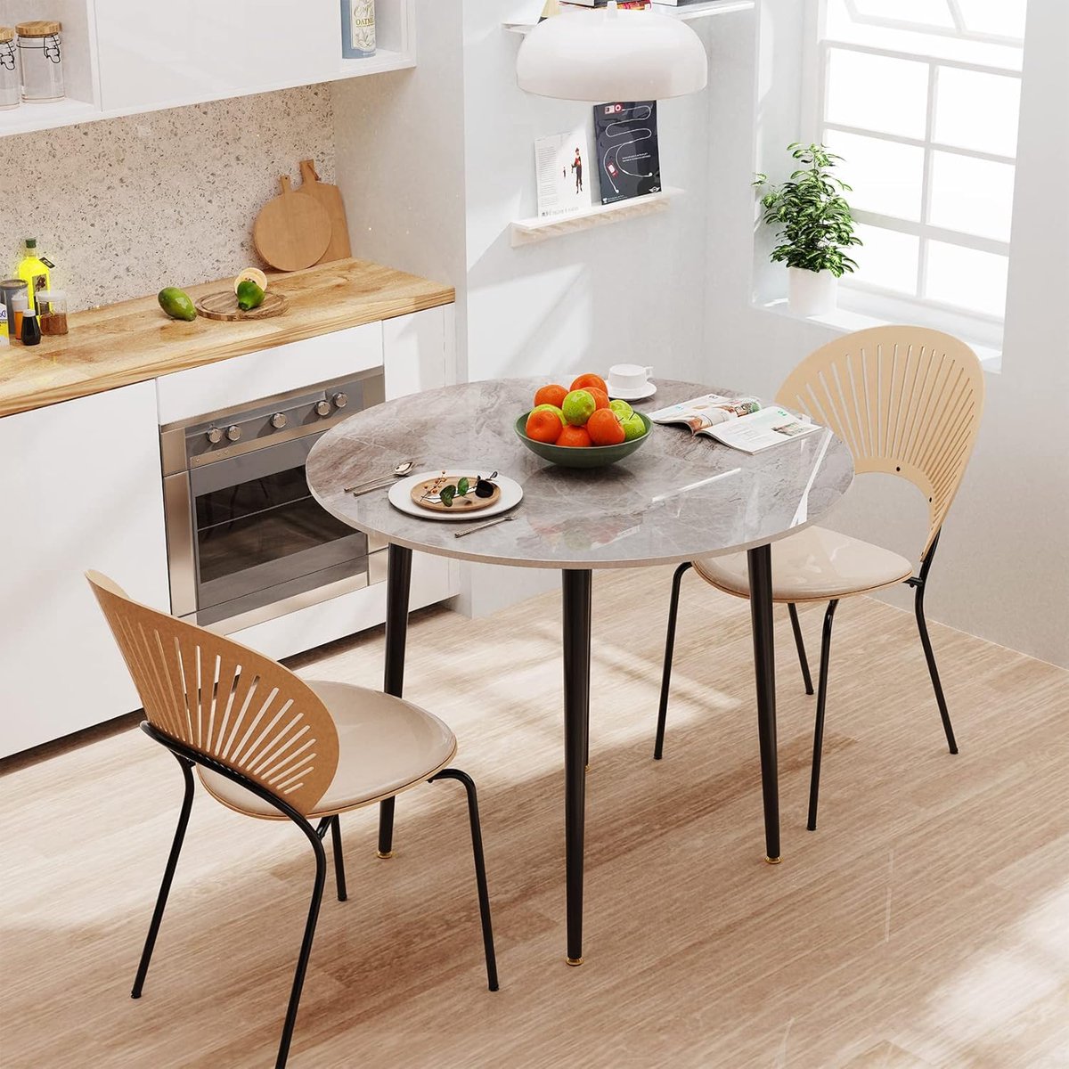 Ronde Marmeren Look Sintersteen Eettafel 80 cm (80x80x76 cm) – Moderne Scandinavische Kleine Keukentafel voor 2-4 Personen, Hoogglans Blad, Metalen Poten, Grijs