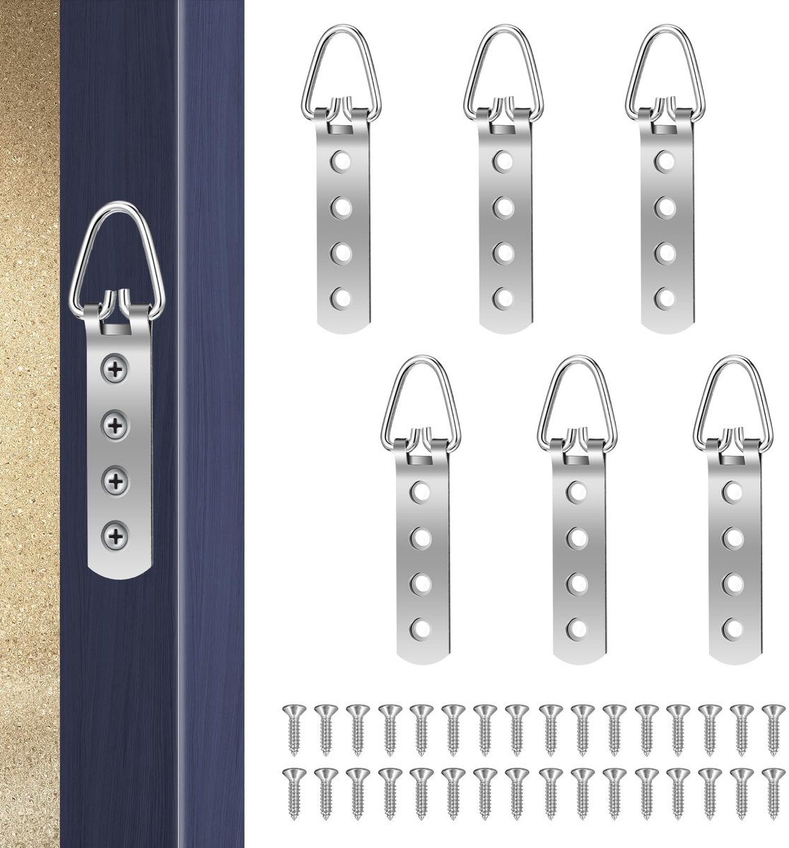Dailygoods- Fotohaak Super Robuust - D Ring Hanger - 6 Stuks - Inclusief 24 Schroeven - Geschikt voor Schilderijen - Afmetingen 8 cm - Wandhaak
