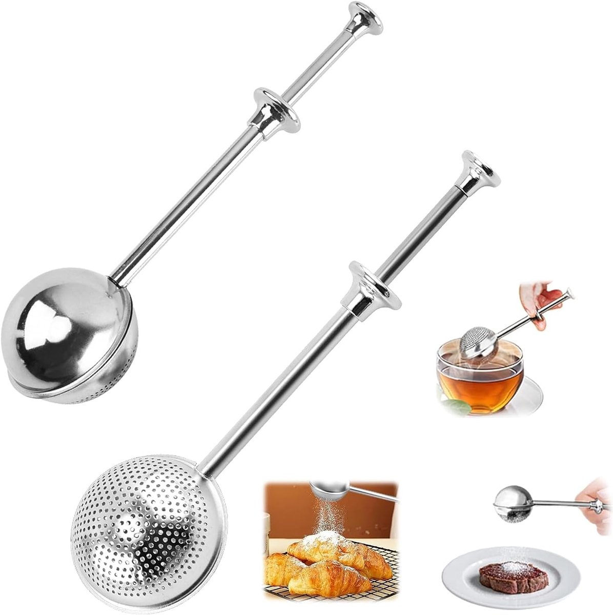 Theetang RVS - Set van 2 - Thee-ei met Lange Steel - Voor Losse Thee & Kruiden - 304 RVS