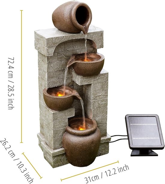 Fontaine d'eau de jardin extérieure pour la maison - Ornement d'eau - Énergie solaire - Conception de pot à 4 niveaux - Cascade - Décoration de jardin - Intérieur et extérieur - Avec pompe - 31 x 26,2 x 72,4 (cm)