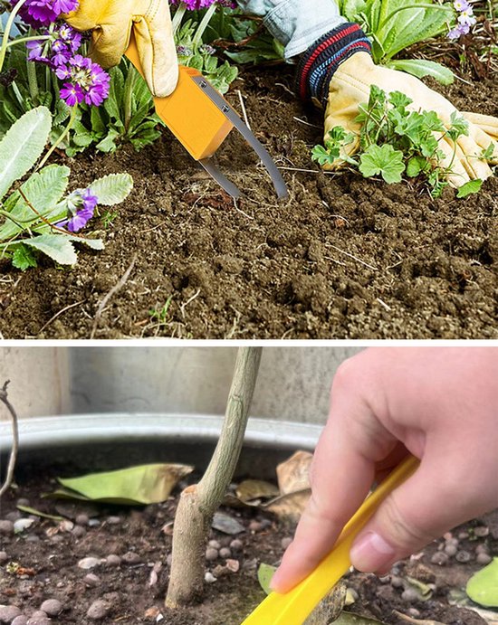 2-stuks Onkruidstekers - Onkruidgereedschap - Tuingereedschap - Onkruidverwijderaar - Ergonomisch, compact, eenvoudig in gebruik - Kunststof en roestvast staal - 24×5.5 cm - Geschikt voor tuin, groentetuin en bloembedden - Geel — afbeelding 3