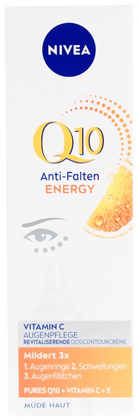 NIVEA Q10 Anti-Falten Energy oogcontourcrème met een gesneden sinaasappel. Beschrijft 3x vermindering van wallen en donkere kringen.