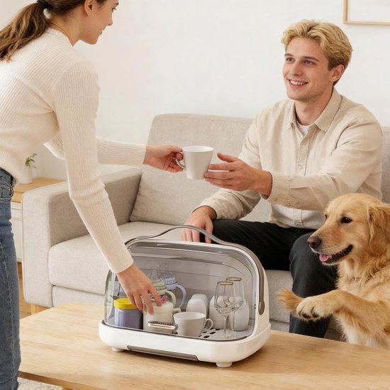 Opbergrek Babyflessen - Drogen Organizer - Hygiënisch Drogen - Stofvrij Deksel - 29x28x29 cm - Crèmekleurig — afbeelding 2