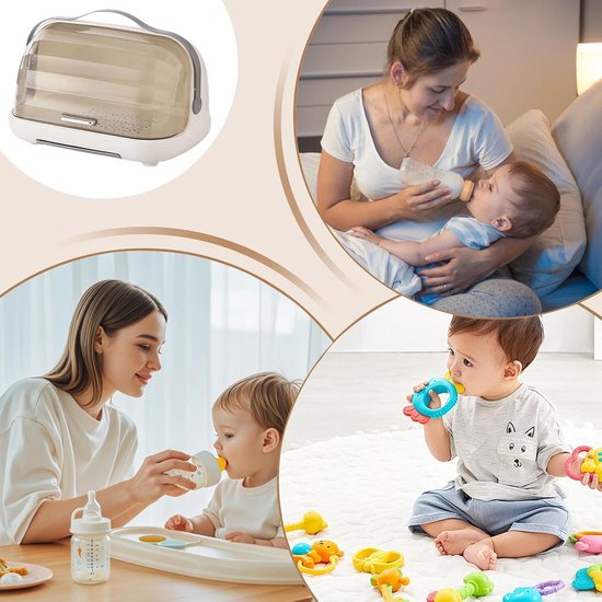 Opbergrek Babyflessen - Drogen Organizer - Hygiënisch Drogen - Stofvrij Deksel - 29x28x29 cm - Crèmekleurig — afbeelding 4