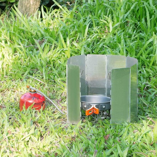 Set van 10 stuks - Windscherm voor kooktoestel - Draagbaar windscherm voor kooktoestel - Opvouwbaar windscherm van aluminiumlegering voor kamperen - Inclusief opbergtas - Geschikt voor buitengebruik - Totale lengte 24*83 cm - Zilver — afbeelding 4