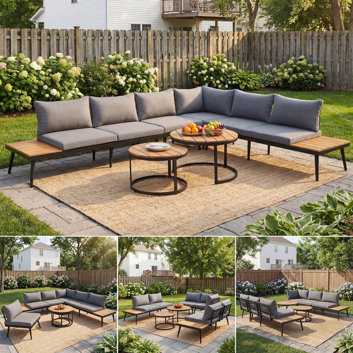6-delige Tuinset met verzinkt ijzeren frame, eetgarnituur voor 5-6 personen, 2 banken, 2 stoelen, 2 tafels – foto 6