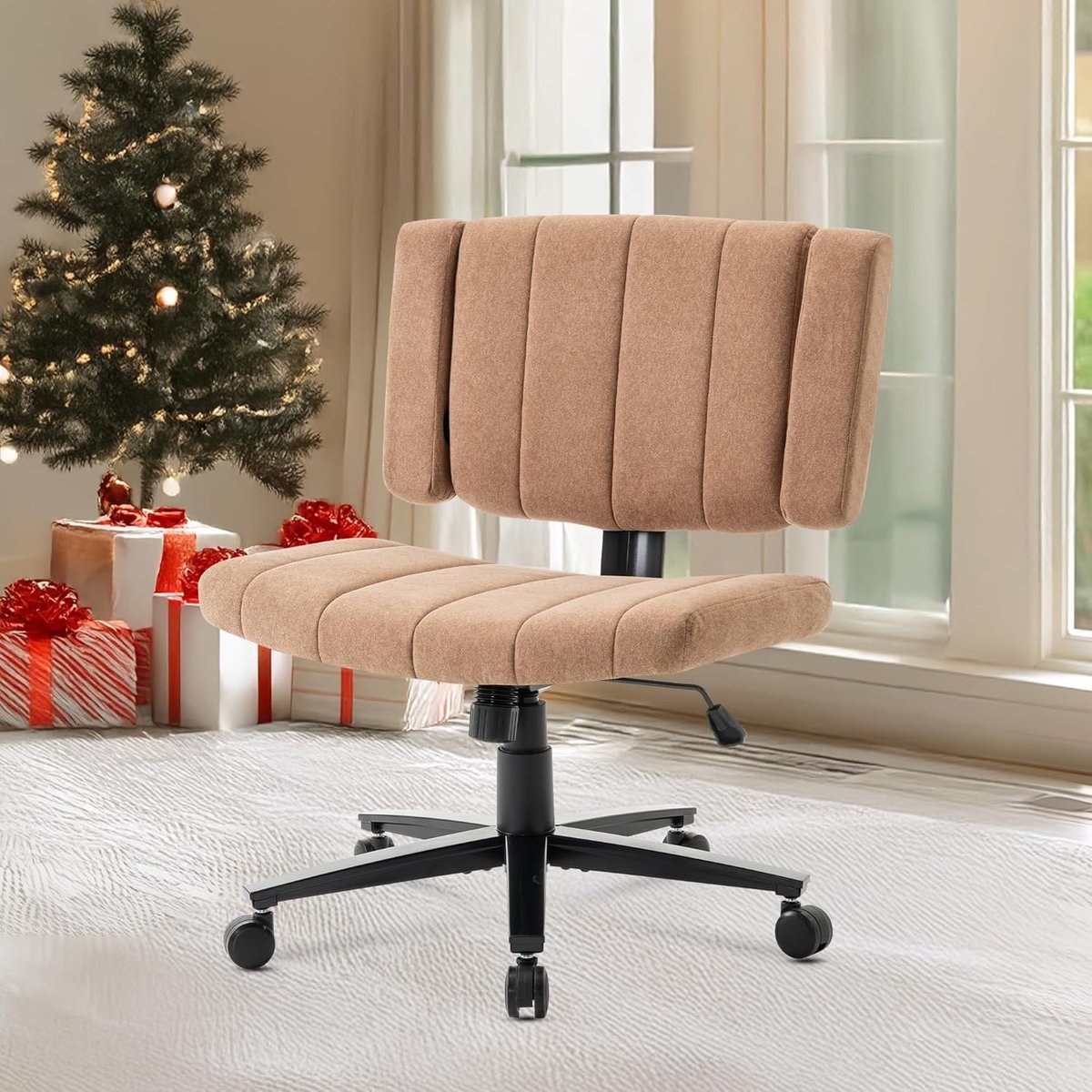 Ergonomische Criss Cross Bureaustoel met Wielen – Draaibare Comfort Stoel met Brede Zitting, Verstelbare Armleuningen, Antislip Ademend Stoffen Kussen, Modern Design, Metaal Frame – Thuis & Kantoor – House&Garden Bruin