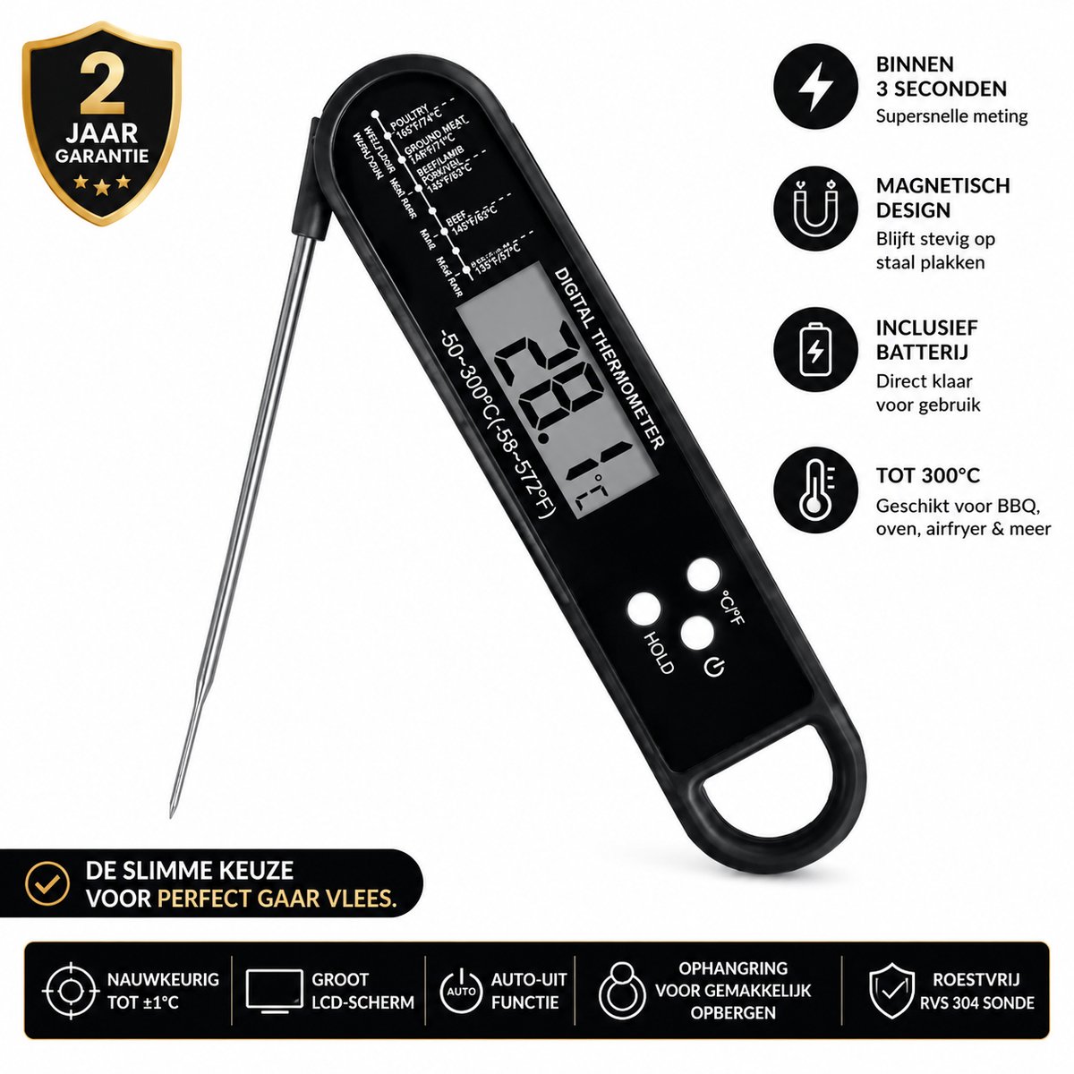 Vleesthermometer BBQ Thermometer Digitaal – Kernthermometer voor Vlees, Oven, BBQ & Airfryer – Keukenthermometer – Inclusief Batterij – Temperatuurmeter Binnen 3 Seconden