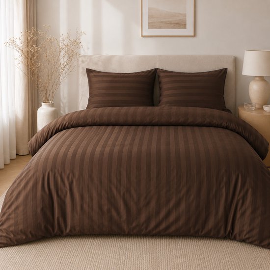 Hotellinnen Dekbedovertrek Koffie Bruin | 27mm Streep - 240 x 200/220 cm + 2 kussenslopen