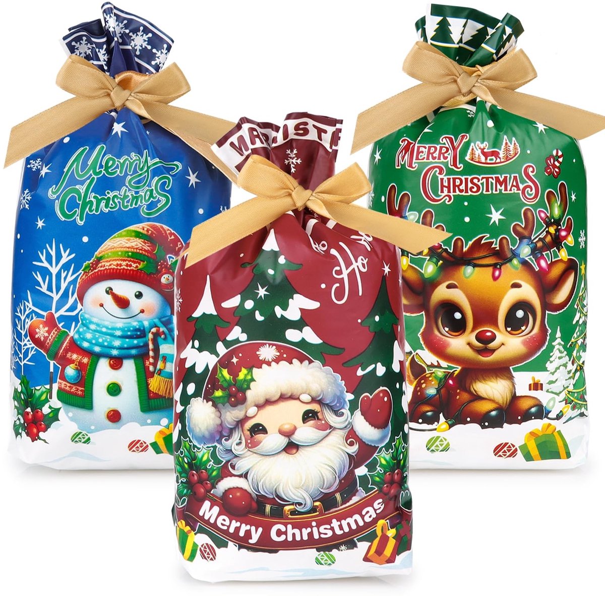 Dailygoods- Trekkoordzakken Set 30 Stuks - Kerst Cadeauzakjes - Cadeautasjes - Papieren Zakjes - Cadeauzakjes Papier - 15 x 23 cm - Stevig PE-kunststof