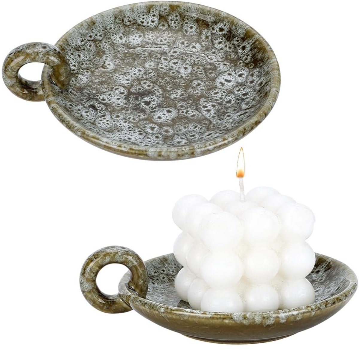Dailygoods- Kaarsenhouder Vintage Keramisch - 2 Stuks - Rustieke Kaarsenbak - Handvat - Theelichten/Pijler Kaarsen - 12,4 x 12,4 cm - Huisdecoratie - Kandelaar