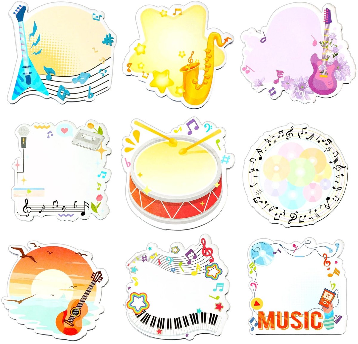Dailygoods- Notitieblokken Muziekthema - Zelfklevende Notities - 9 Stuks - 30 Vellen per Blok - Grappige Stickers - Diverse Instrumenten Motieven - Sticky Notes