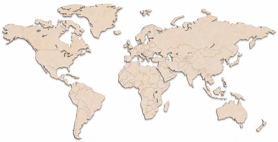 Carte du monde en bois avec frontières nationales, continents et îles.