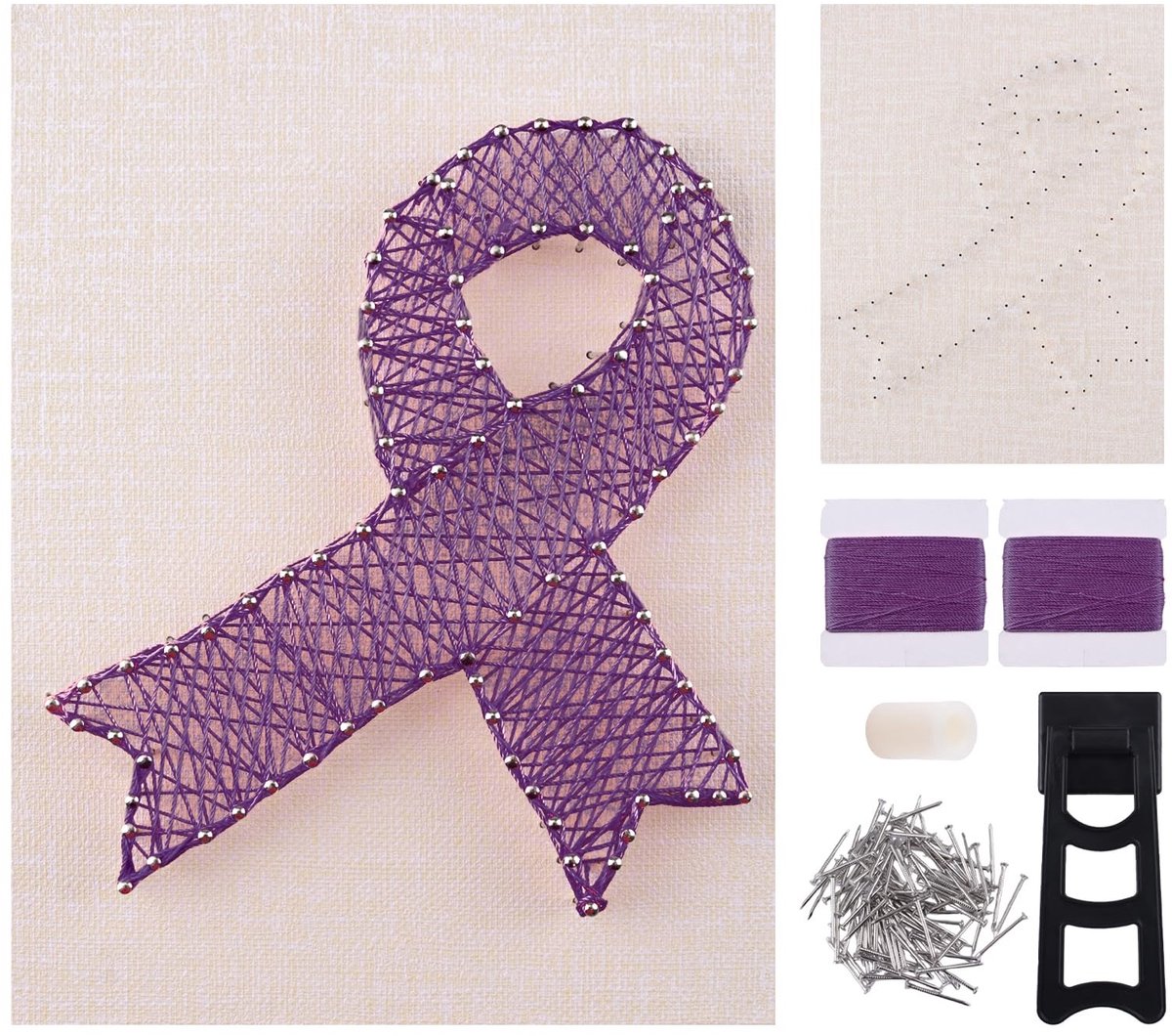 Dailygoods- String Art Kit - Complete DIY Set - Houten Bord - Paarse Draden - Kanker Bewustzijn Projecten - Uniek Cadeau - Inclusief Stand - Knutselset