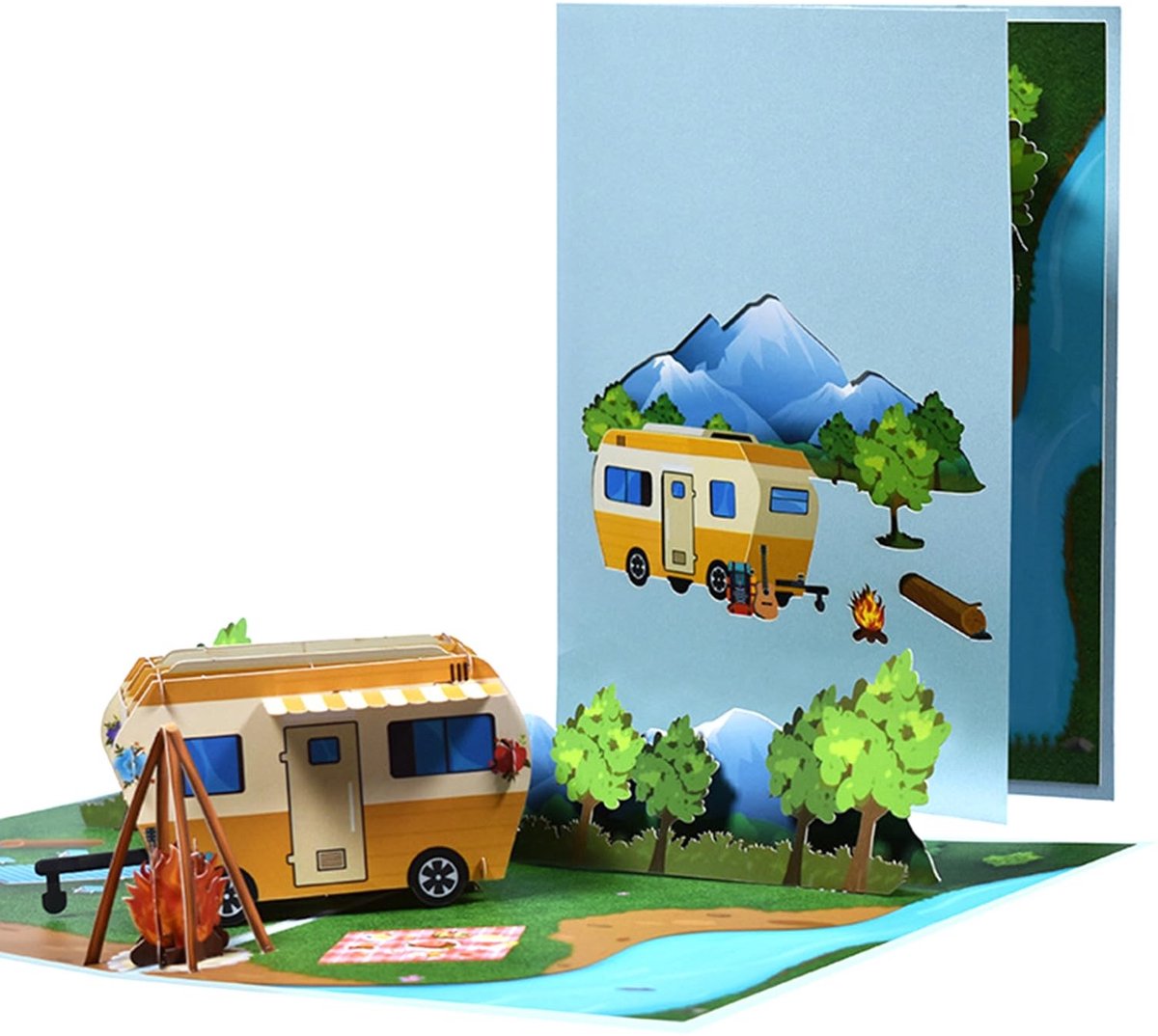 Dailygoods- Pop-upkaart Camping met Caravan - 3D Wenskaart - Grappige Kampeergeschenken - Reisvoucher - Cadeaubon Camping - Blanco Kaart
