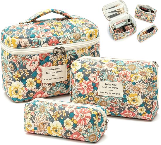 3 stuks gewatteerde make-up tas set - bloemen katoenen cosmetische tassen met rits - ideale reistas voor toiletartikelen en make-up organisatie