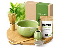 AUM® Matcha Set Compleet – Biologische Ceremoniële Matcha (90g) – Japanse Matcha Starterset – Matcha Kom, Bamboe Klopper, Lepel & Houder – Cadeauset