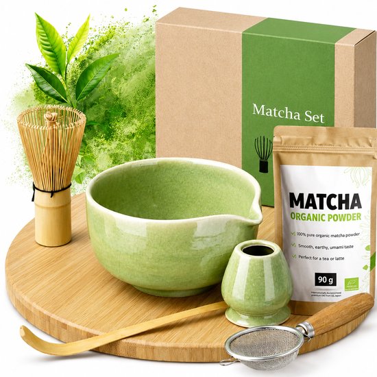 Matcha set met kom, bamboe klopper, matcha poeder, lepel, houder en zeef.