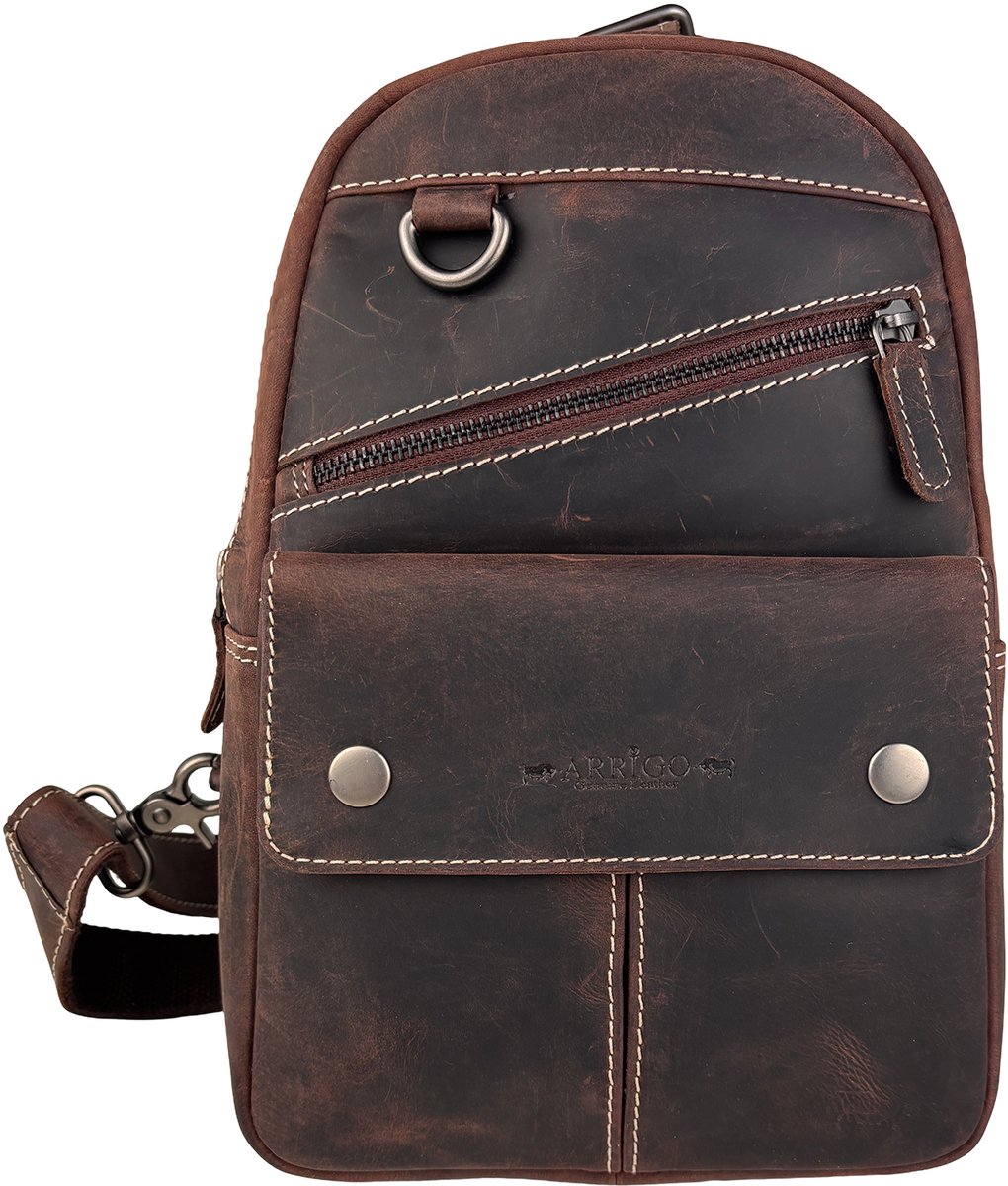 Leren Slingbag Bruin - Anti-Diefstal Crossbody Tas Heren & Dames - Leren Crossbody Bag Donkerbruin - Arrigo K67