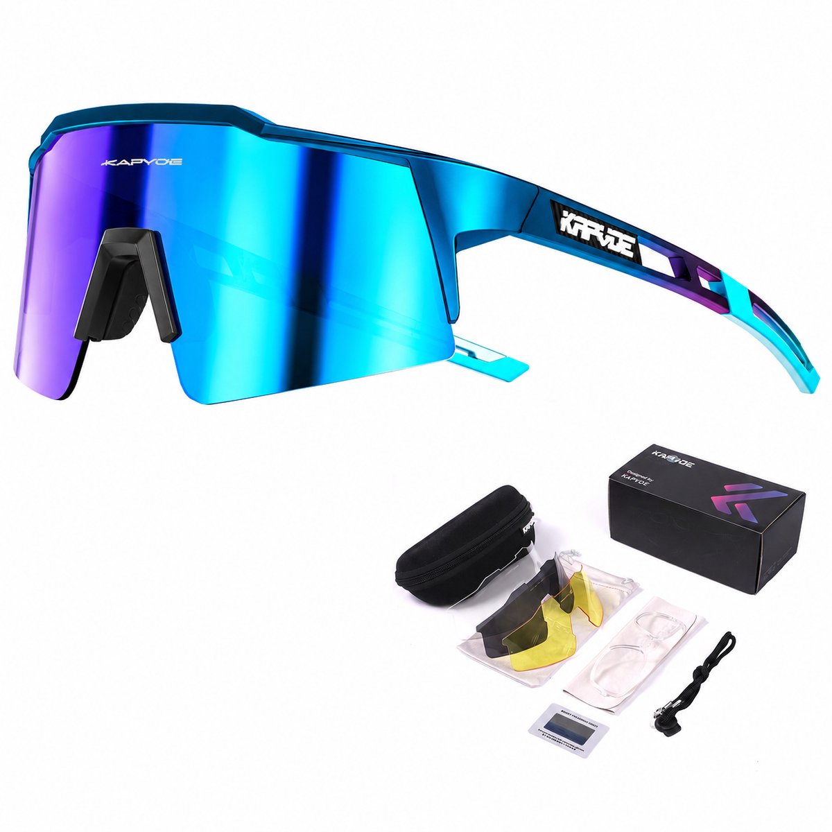 KAPVOE Sport Zonnebril - COMPLETE SET - 4 GLAZEN - Fietsbril - Sportbril - Mountainbike - Ski - Wintersport - Sneeuw - Polariserend - UV 400 - Nachtbril - Hoesje -Brillenkoker - BLAUW - apres ski