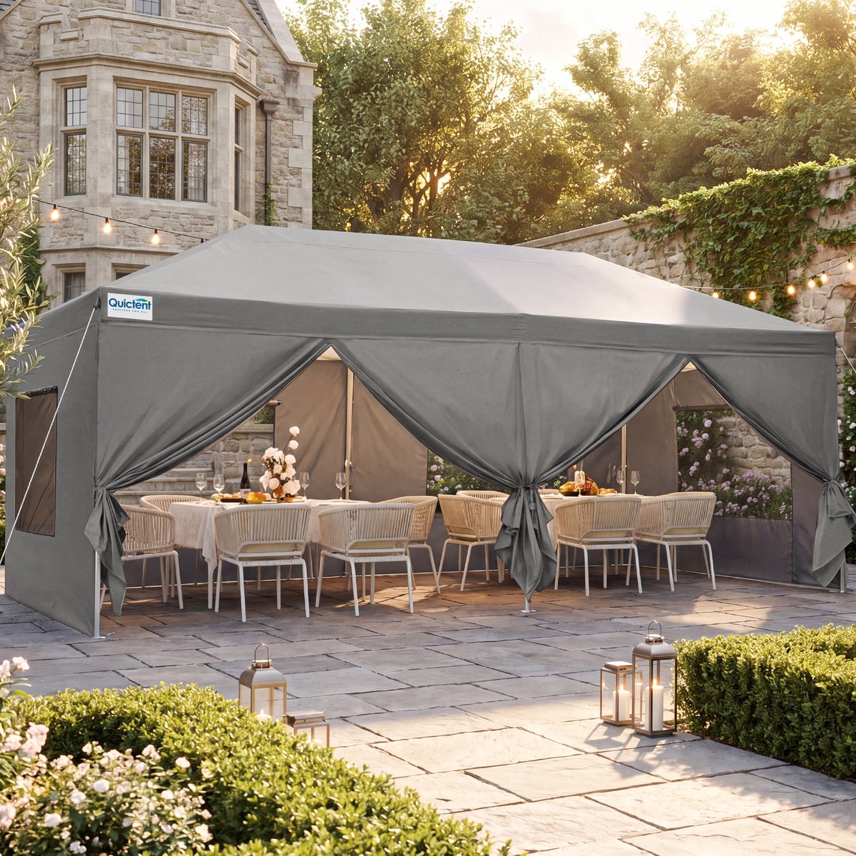 Quictent Vouwbare Partytent 3x6m – waterdicht, 6 zijwanden, in hoogte verstelbaar – Grijs