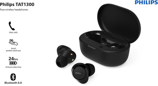 Zwarte Philips TAT1300 True Wireless oordopjes met laadcase, duidelijke oproepen, 24 uur speeltijd en Bluetooth 6.0.