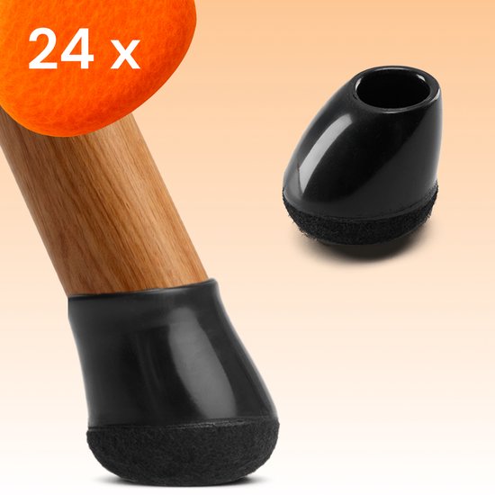 Set van 24 zwarte stoeldopjes met vilt. Eén dop op een houten stoelpoot, één los.