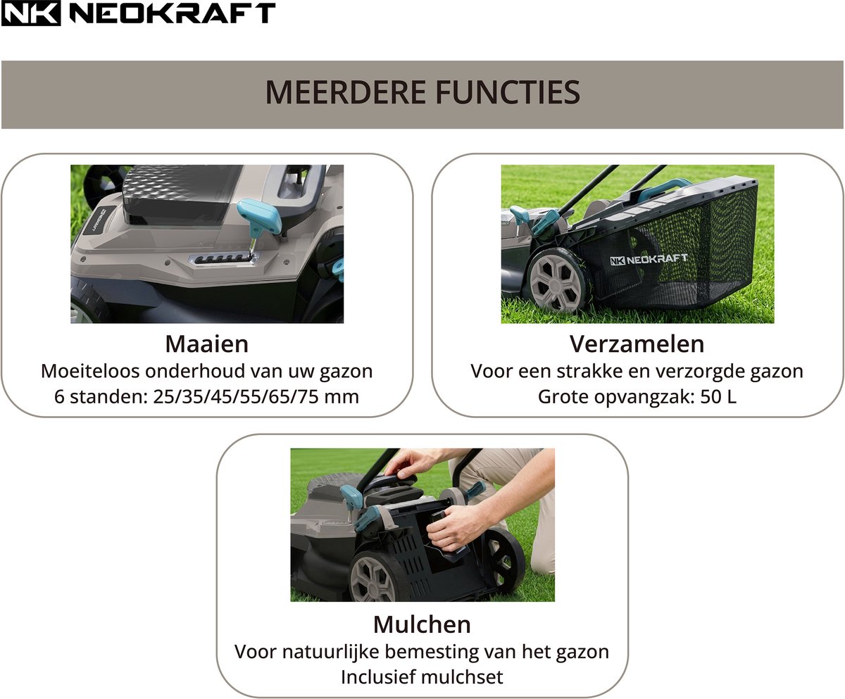 Neokraft - 40V Accu grasmaaier - 42cm maaibreedte - 6 instelbare maaihoogtes - Incl 50L opvangzak - Incl. 40V 4,0Ah accu & lader - Grasmachine – foto 2