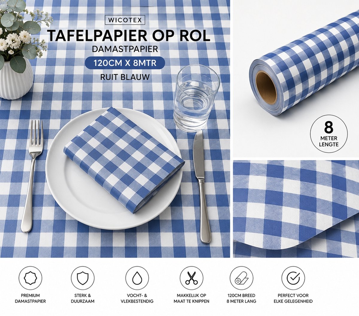 Wicotex - Tafelpapier op rol Damastpapier - Afmeting 120cm x 8mtr - Kleur ruit blauw
