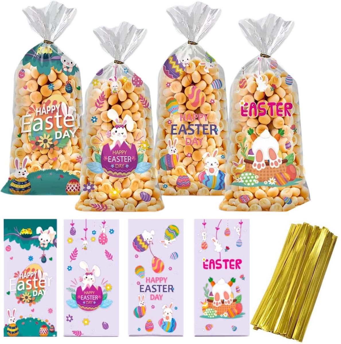 Dailygoods- Cellofaanzakjes 100 stuks - Paaskoekjeszakjes - Transparante Snoepzakjes - Vrolijke Ontwerpen - Twist-Stropdassen - 13x27,5 cm