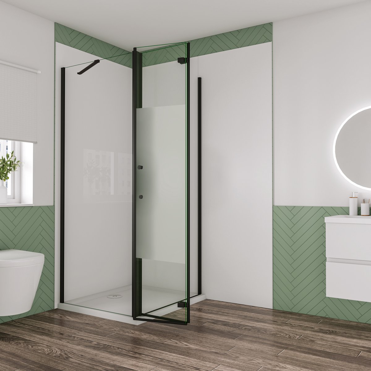 Aica Industriële douchecabine 76x80x195cm vouwdeur en vaste zijwand 6mm nano veiligheidsglas ondoorzichtige matte middenstrook mat zwarte aluminium frame stabilisatiestang 50 cm incl. douchebak