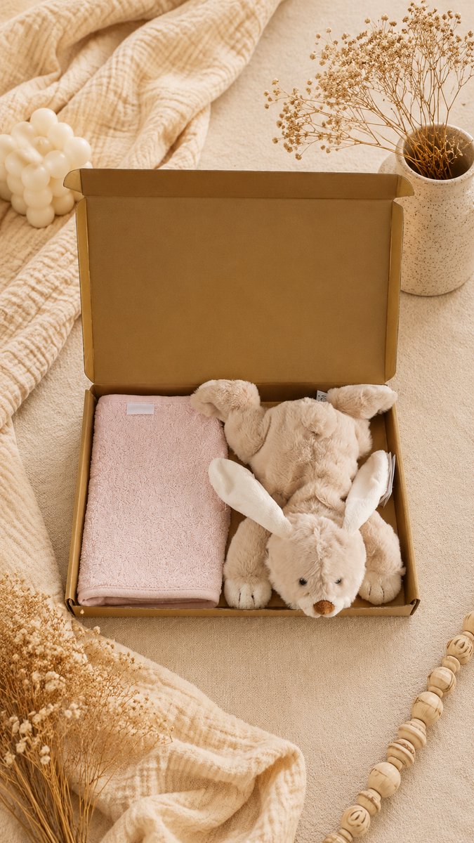 Kraampakket Beige / lichtroze – Knuffel Konijn & Slab 100% Katoen – Baby Cadeauset – babyshower – baby meisje – Gouden Geschenkverpakking – Brievenbus Kraamcadeau