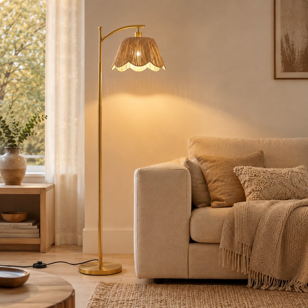 Rosnek Boho Vloerlamp Handgeweven - Rotan Look Staande Lamp met Afstandsbediening - Dimbaar 9W Slimme LED & Timer - Geheugenfunctie - Gevlochten Lampenkap - Voetschakelaar - Bohemian Japandi Interieur - voor Woonkamer Slaapkamer - Goud - 170 cm thumbnail 4
