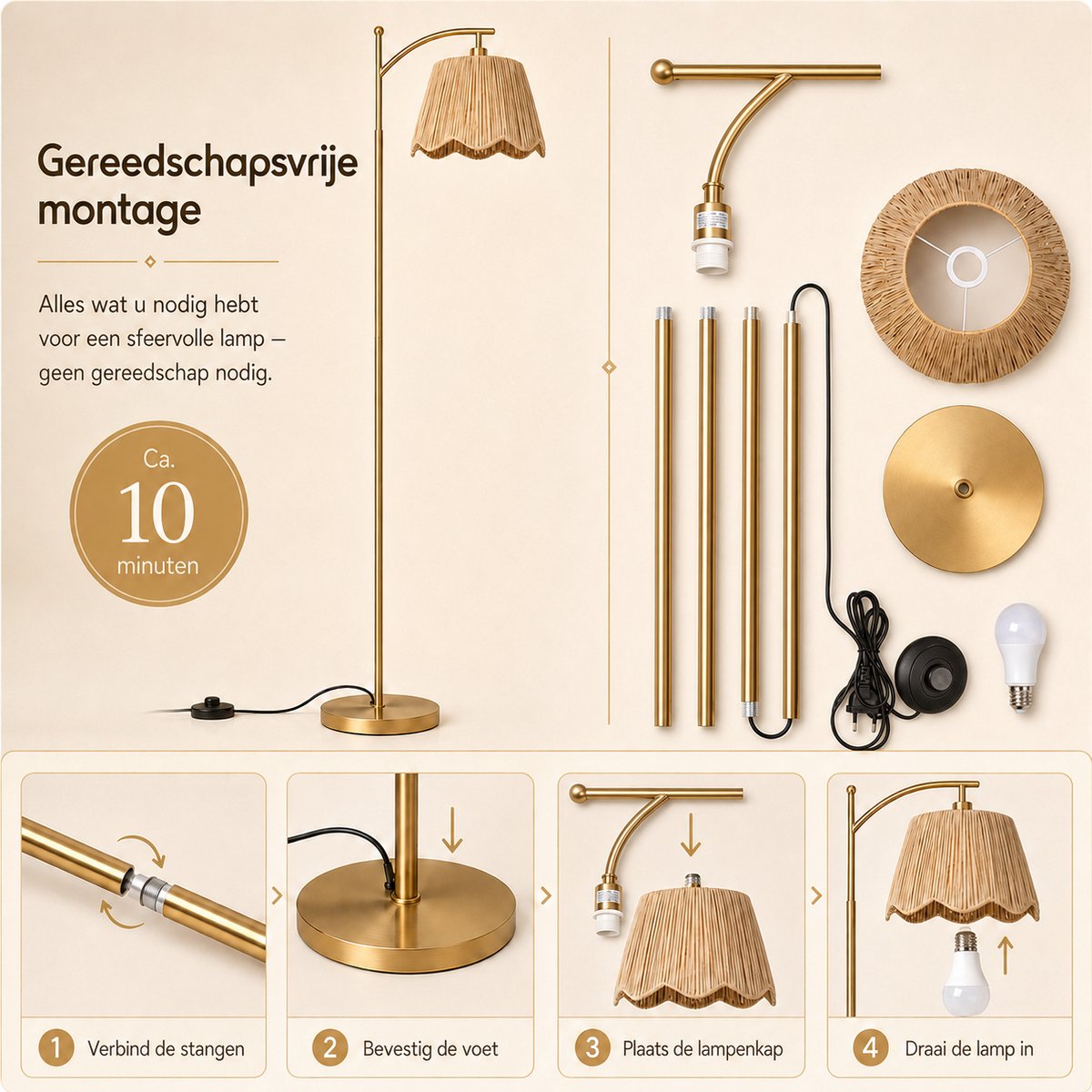 Rosnek Boho Vloerlamp Handgeweven - Rotan Look Staande Lamp met Afstandsbediening - Dimbaar 9W Slimme LED & Timer - Geheugenfunctie - Gevlochten Lampenkap - Voetschakelaar - Bohemian Japandi Interieur - voor Woonkamer Slaapkamer - Goud - 170 cm thumbnail 6