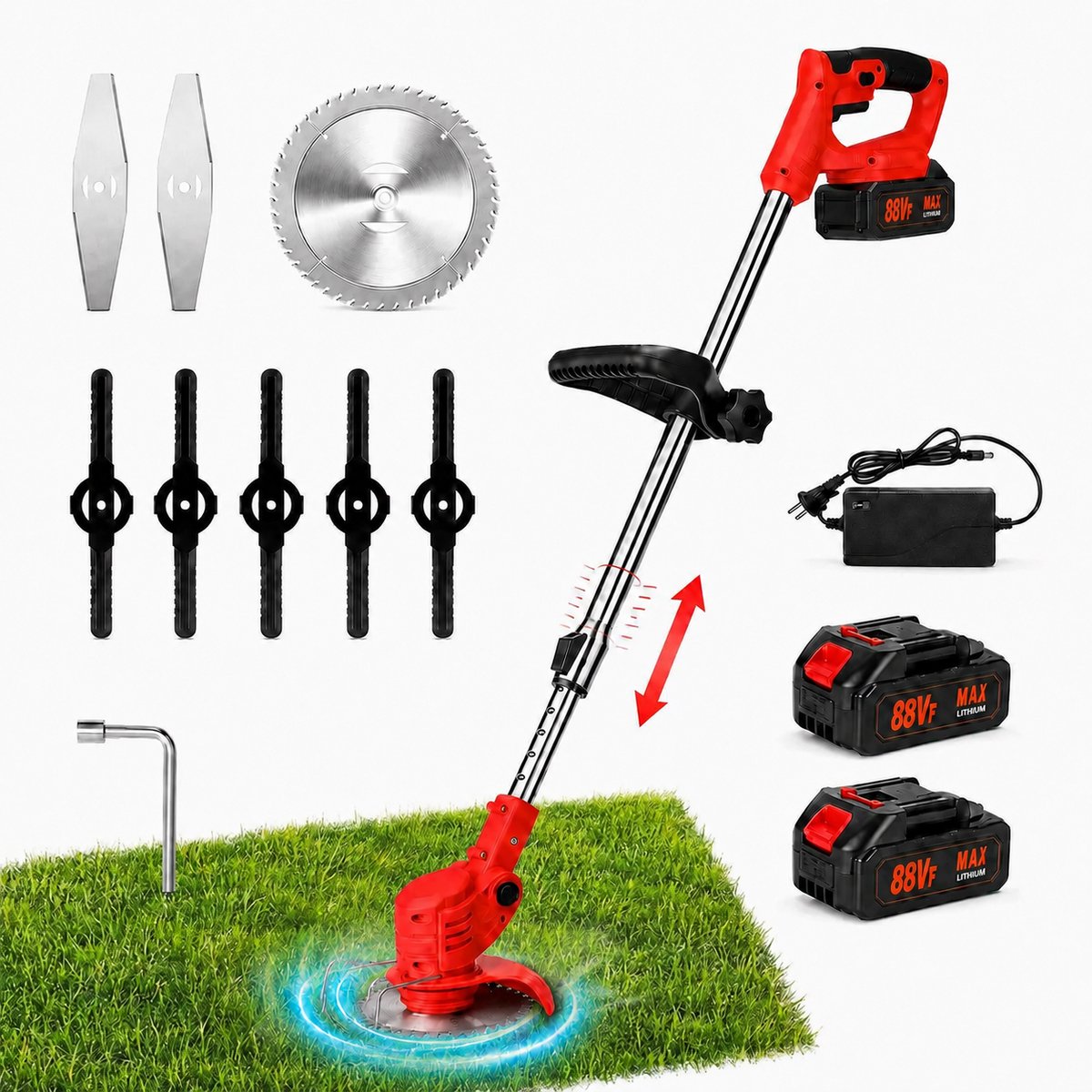 Accu grastrimmer met 2x 2.0Ah accu’s + lader, 3-in-1 messenset onkruidwacker (gras / onkruid / struiken), 90° verstelbare kop, telescoopsteel (90 - 120cm) & extra handgreep, lichtgewicht 2,3 kg