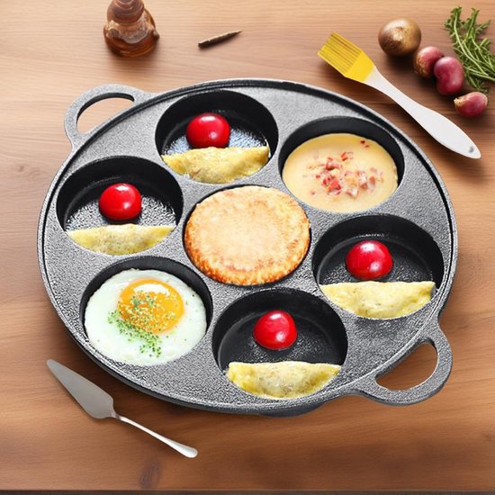 Pannenkoekenpan - gietijzeren bakplaat | platte pannenkoek koekenpannen voor ei, anti-aanbak gereedschap met 7-gaats ontwerp voor het koken van biefstuk crêpe pizza ontbijt frituren bakken grillen — afbeelding 3