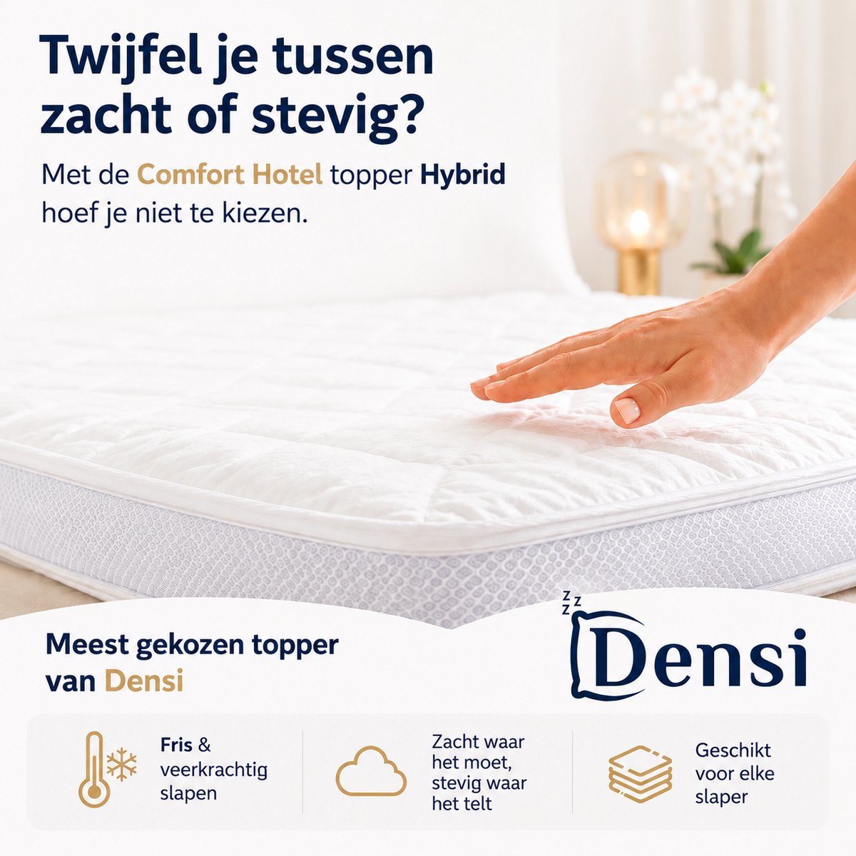 Densi Hybride Topper 180x200 – 12cm Koudschuim & NASA Traagschuim – Tencel Hoes – Anti-allergie wit