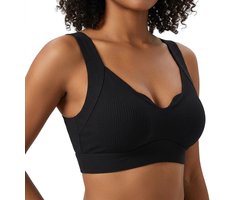 Zwarte naadloze sport bh dames maat M – draadloze beha met V hals en uitneembare pads – comfortabele rib structuur bh top – ademende ondersteunende sportbeha geschikt voor yoga fitness hardlopen en dagelijks gebruik