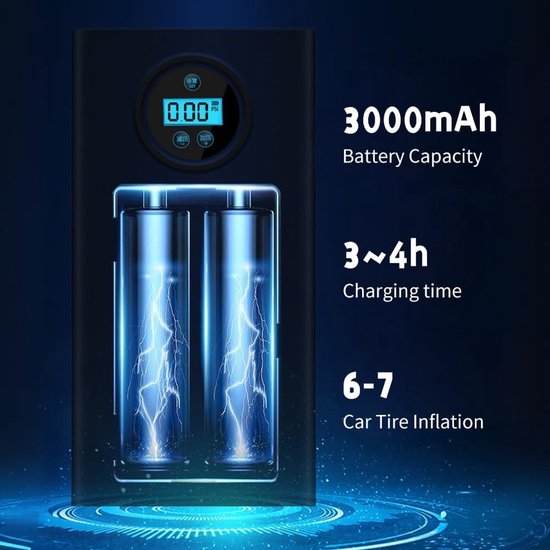 Draadloze elektrische luchtpomp, 3600mAh accu, luchtpomp met lcd-display, wordt geleverd met 3 mondstukadapters, Geschikt voor auto's, motoren, basketballen, enz. van Merkloos — afbeelding 3
