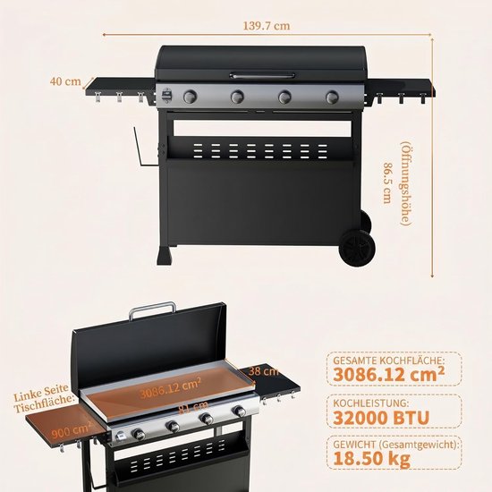 Gasbarbecue met 4 branders en een vermogen van 32.000 BTU - barbecuewagen met een vlakke bakplaat van 3086 cm² - draagbare barbecue die zowel vrijstaand als op tafel kan worden gebruikt - weerbestendige kap - roestvrijstalen branders — afbeelding 2