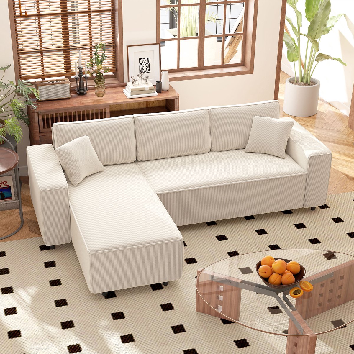 Hoekbank Met Chaise Longue - 3-Zits Bank Velvet Look - Modulair Sofa L Vorm Donker Beige Voor Woonkamer