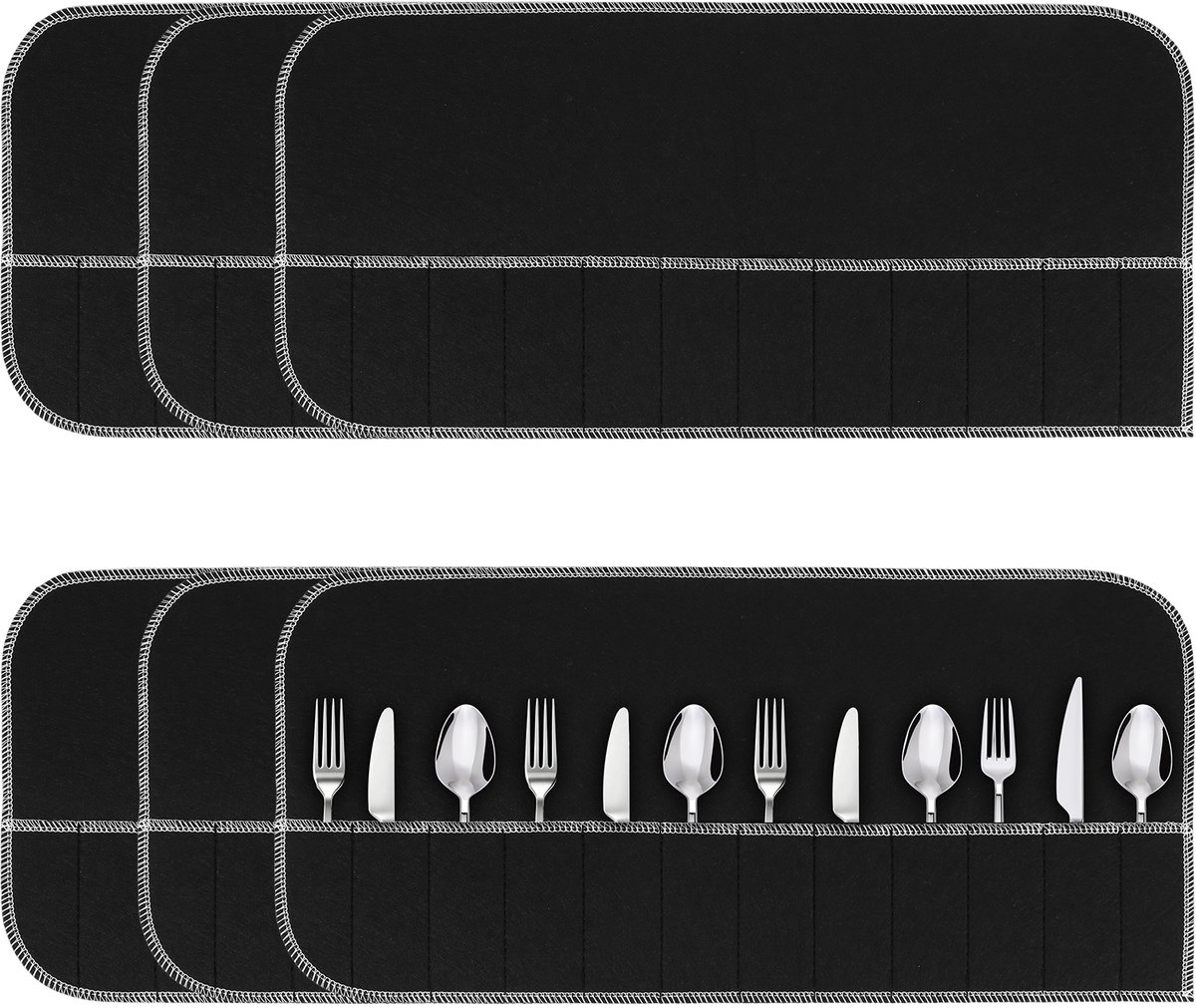 Lemlit Zilverbestek Opbergzakken 6 Stuks - 49,5x24 cm - Vilten Bestek Organizer voor Zilverwerk en Keukenbestek - Anti-Aanslag Beschermhoes - Zwart