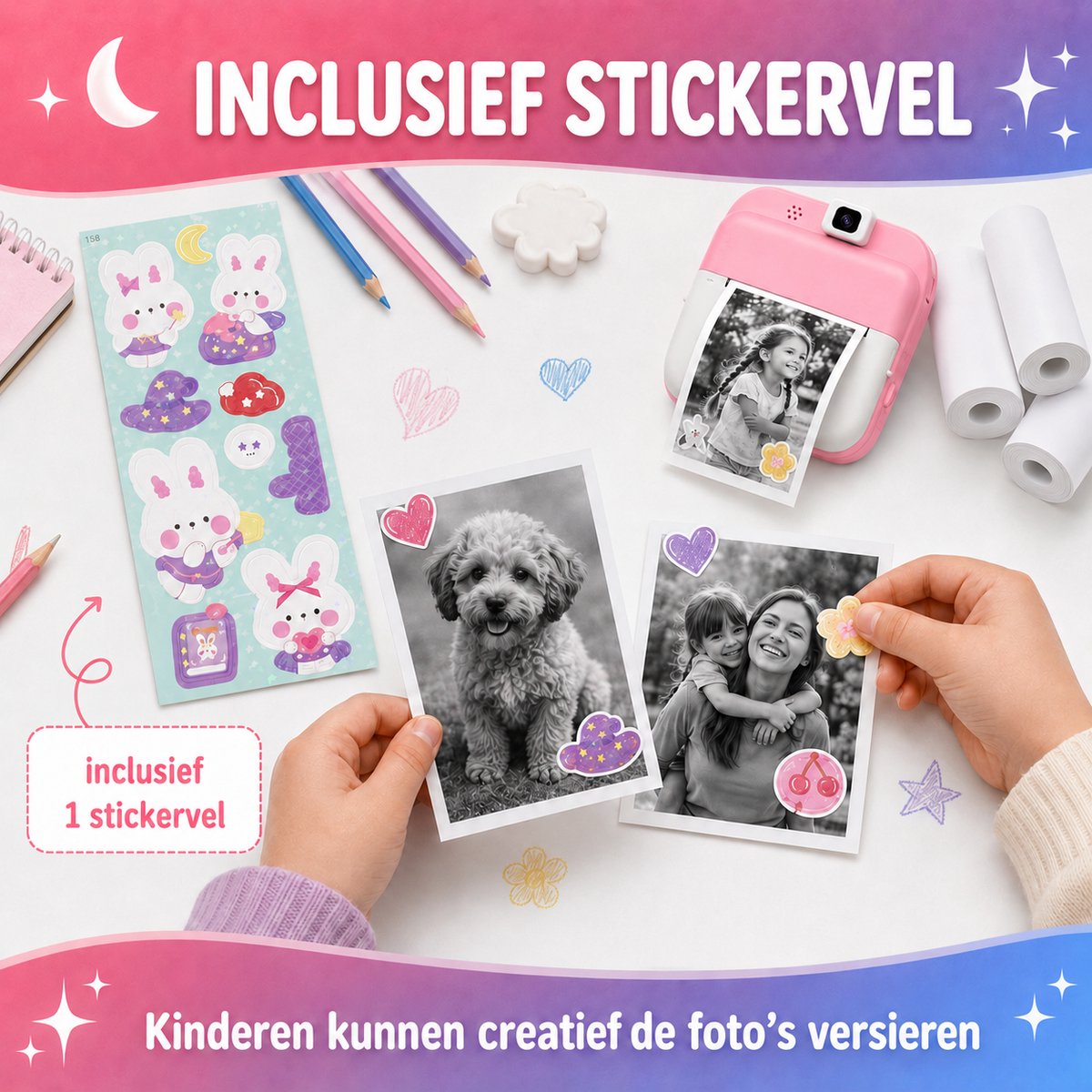 Luumuu® Thermische Printrollen Set Van 5 - Navulling Voor Digitale Kindercamera Met Foto Printer - Papierrollen - Printpapier - Goed voor 350 Foto's - Wit - BPA-Vrij - Incl. Stickervel — afbeelding 5