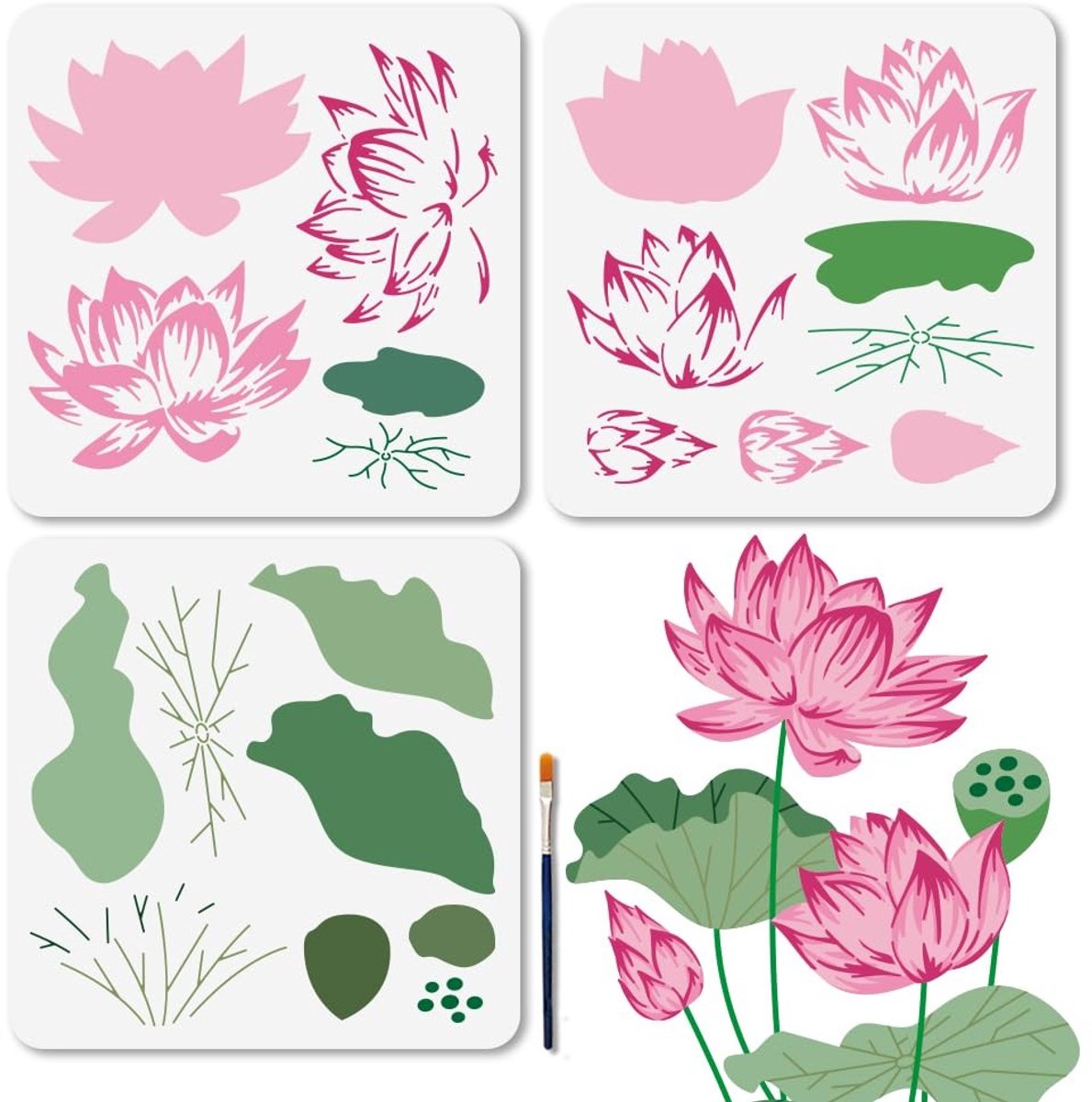 Dailygoods- Sjablonen Gelaagd Lotusontwerp - 3 Stuks - Herbruikbare Stencils - Schilderen - Kunststof - 30 x 30 cm - Schilderstencils