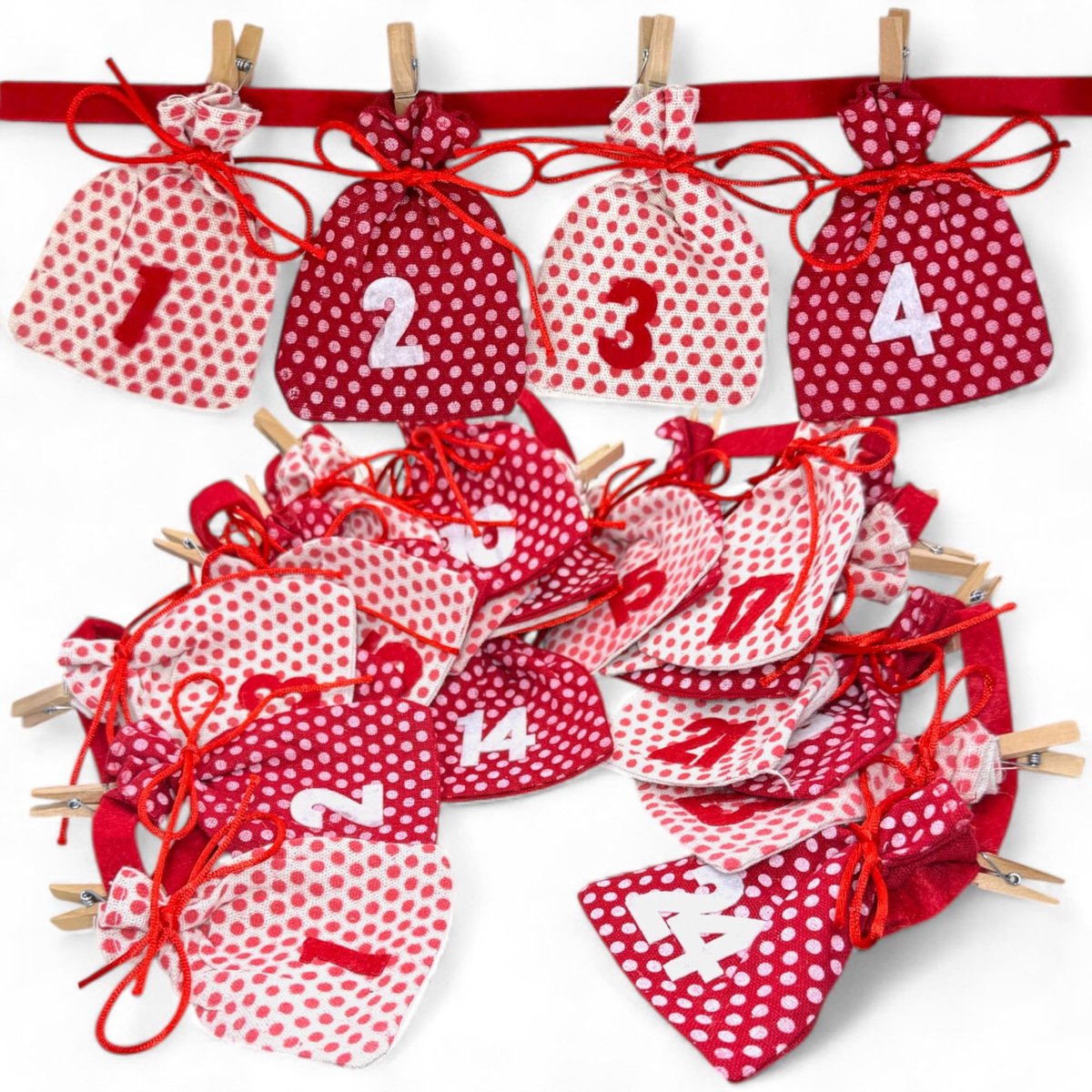 Dailygoods- Adventskalender om te vullen - 24 Katoenen Zakjes - Jute Koord - 9 x 11 cm - Doe-Het-Zelf - Kerstkalender