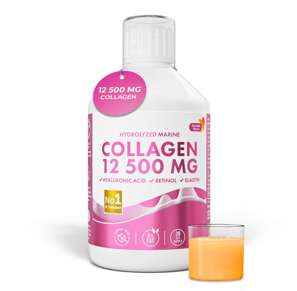 Swedish Nutra Marine Collageen 12.500 mg – Vloeibaar – 16 Actieve Ingrediënten – Suikervrij – Natuurlijke Smaak – 500 ml (20 dagen)